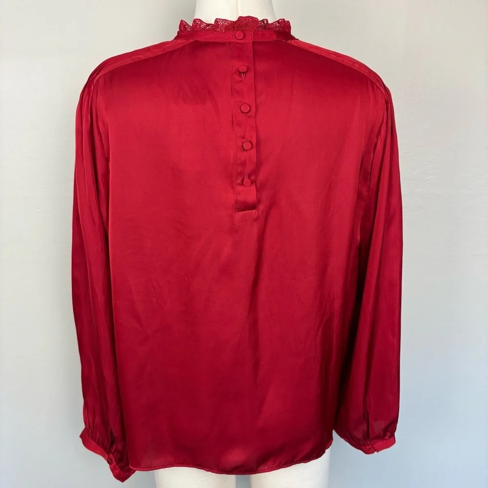 J. Crew Ruffle Neck Drapey Top NWT Size XL Red Satin Puff Sleeves Holidays Party